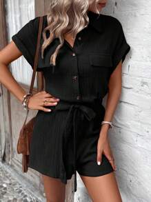 SHEIN LUNE Solid Color Plisse Flap Detail Waist Belt Shirt Romper For Summer