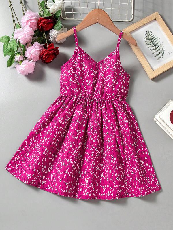 SHEIN Sweet Holiday Style Young Girls Floral Print Spaghetti Strap Dress, Suitable For Parties Or Beach Vacation In Summer