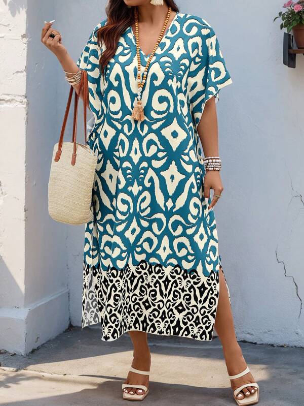 Breezaya Plus Size V-Neck Vintage Floral Print Summer Dress With Random Color Block Pattern Maxi Women Outfit