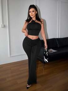 SHEIN SXY x STAS Women Sexy Floral Print Top And Flare Pants Two Pieces Set - Black - View 6