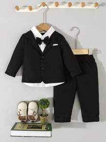 Souflis Souflis Bộ vest nam trang trọng cho bé trai mùa cưới, áo khoác cổ sơ mi 2 trong 1 có nơ + quần, phù hợp cho tiệc sinh nhật thời trang, dạ hội, biểu diễn, đám cưới và lễ kỷ niệm - màu đen - Xem 5