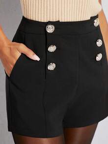 SHEIN Unity Casual Solid High Waist Button Detail Shorts - Black - View 3
