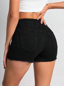 Quần short denim nữ Túi Hem thô Bị tách Dây kéo màu trơn - màu đen - Xem 2