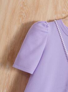 Tween Girl Holiday Style Short Sleeves Pleated Round Neck Dress - Dusty Purple - View 3