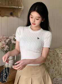 DAZY 女士圓領針織毛衣,帶有小馬圖案 - 白色 - 查看 1