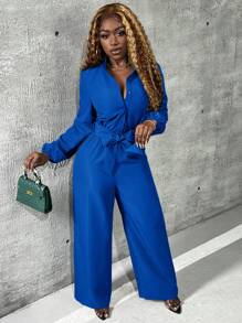 Slaydiva Elegante mono de mujer unicolor con cinturón de cinturilla abotonada frontal y estilo para trabajar - azul real - Ver 3