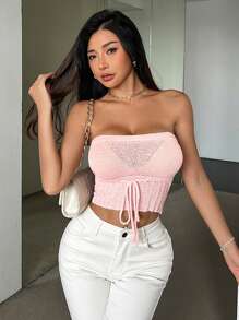 SHEIN Privé 女用優雅粉紅抹胸,有緊繫帶,適合夏季日常穿著、度假、海灘或派對 - 粉色 - 查看 6