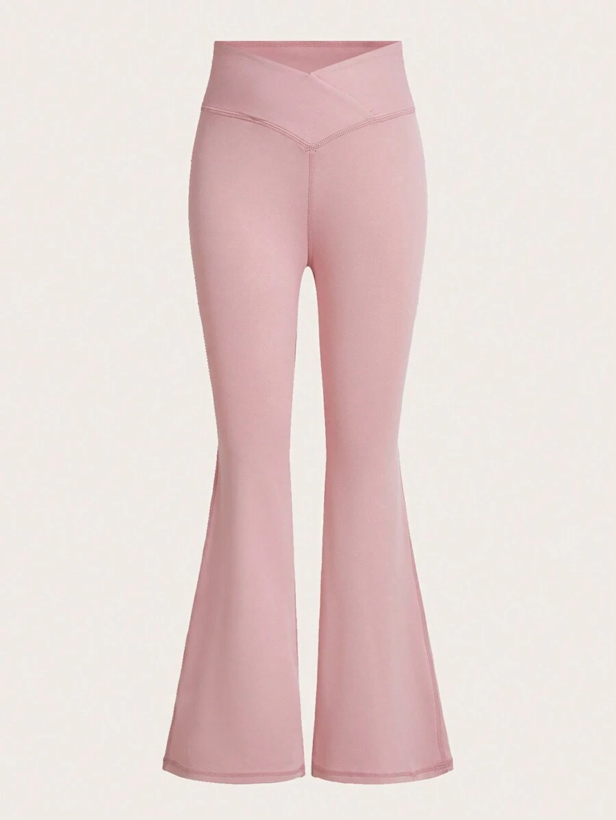 SHEIN Girlism 適用於街頭運動的青春少女春、夏裝實色鈎織喇叭褲 - 粉色 - 查看 1