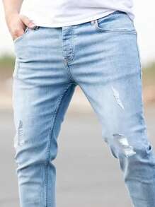 Manfinity LEGND Men Ripped Frayed Bleach Wash Jeans Straight Leg Long Jean Cargo Plain Light Blue Work Regular Shirts Friends