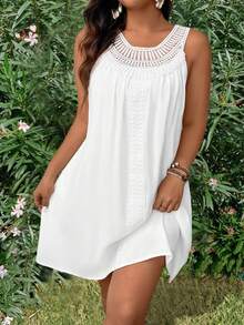SHEIN LUNE 大码女式撞色蕾丝圆领背心裙 - 白色 - 查看 5