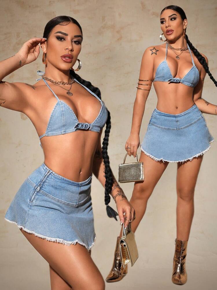 Women's Frayed Hem Casual Denim Skort