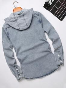 Manfinity Hypemode Casual Men Hooded Denim Shirt For Daily Wear And Easy Matching Oversize Long Sleeve Jean Button Up Cotton Plain Light Grey Shirt, Going Out Going Out Hang Out Street Urban Vacation