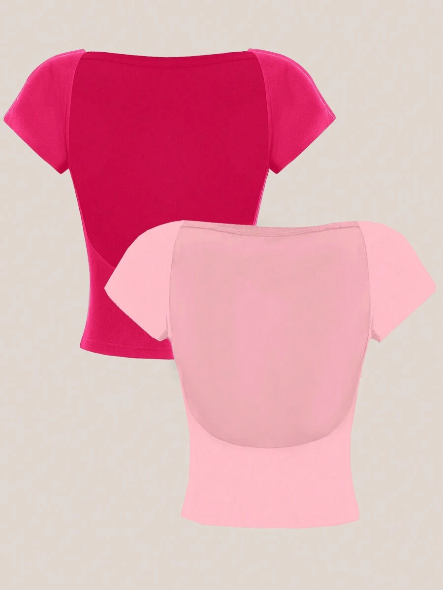 SHEIN EZwear 2 件性感休闲露背圆领短袖短款修身女式 T 恤,适合夏季 - 彩色 - 查看 1