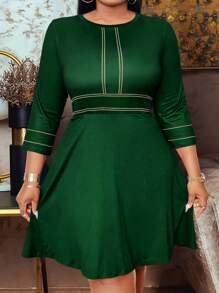 SHEIN Clasi Plus Size Color Blocking Slim Trim Stand Collar Dress - Green - View 3