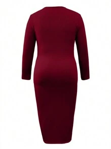 INAWLY Plus Size Solid Color Deep V-Neck Slim Fit Extra Long Dress For Spring And Autumn - Burgundy - View 4