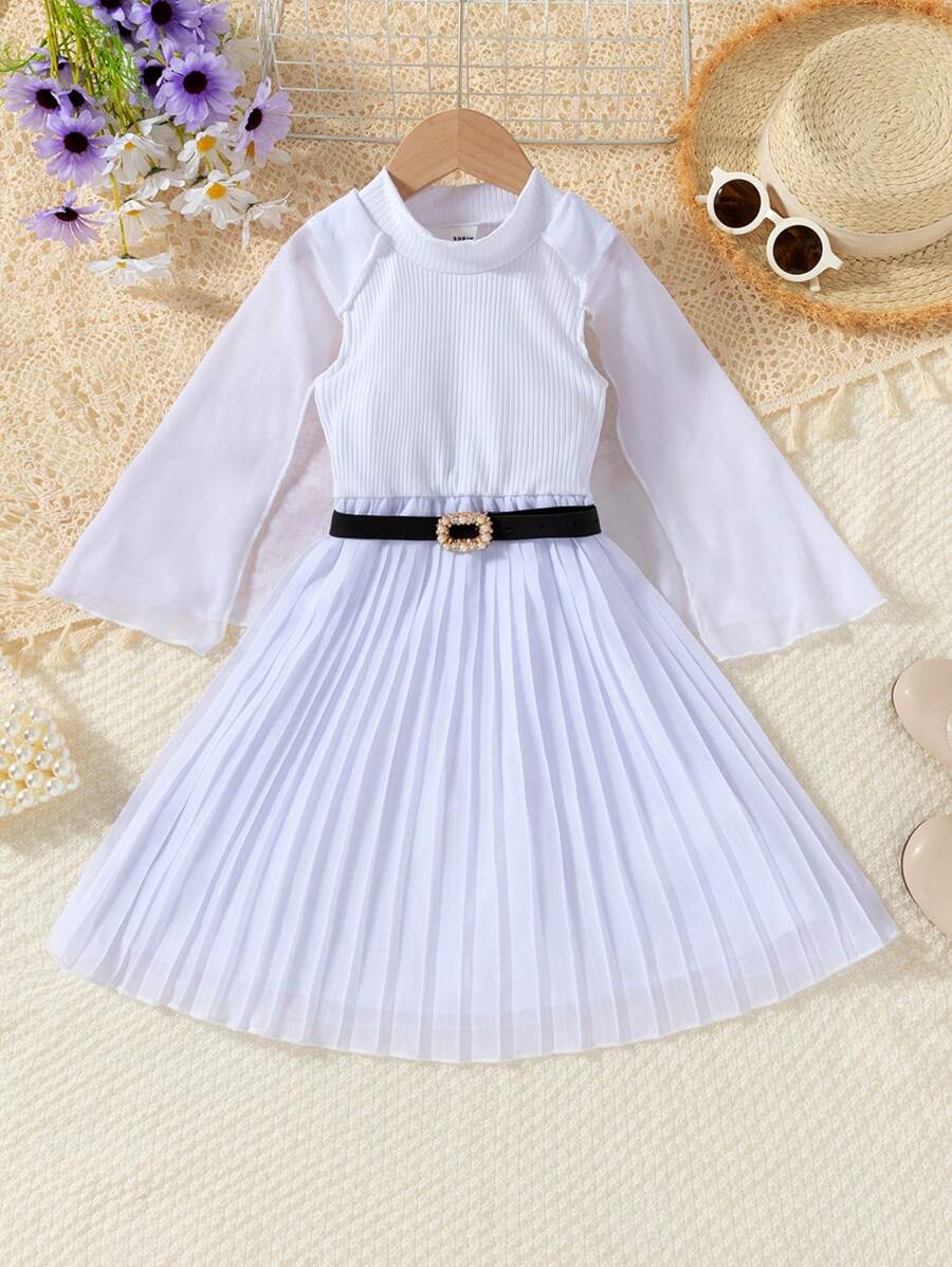 SHEIN Wedding Diary Young Girls' Sleeveless Cape Waist-Tied Pleated Dress With Belt, Summer - White - View 1