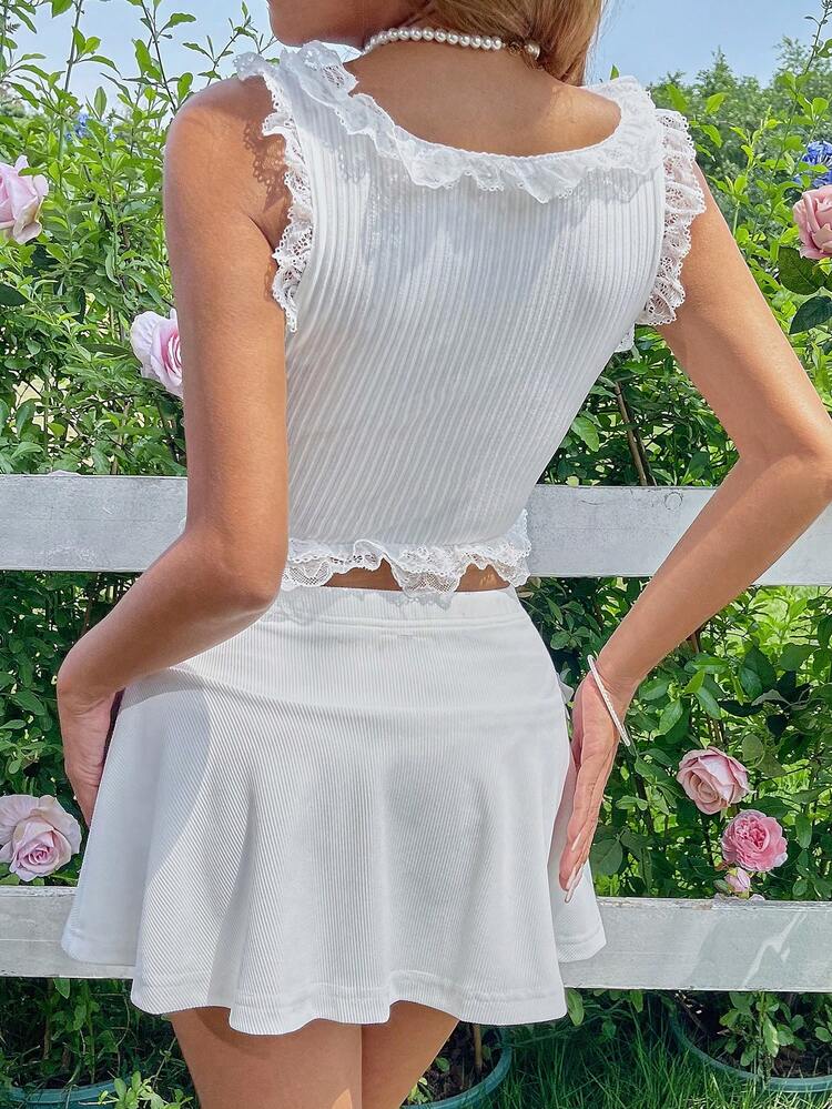 Ladies' Summer Plain Low-Cut Elastic Camisole Ballet Knit Skirt Set