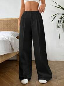 SHEIN EZwear Pantalones casuales de pierna ancha y ajuste holgado con pliegues y bolsillos oblicuos, de unicolor