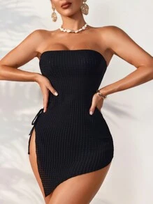 SHEIN Swim Ladies" Solid Color Waffle Grid Drawstring Ruched Split Front Bandeau Swimsuit Summer - Multicolor - View 1