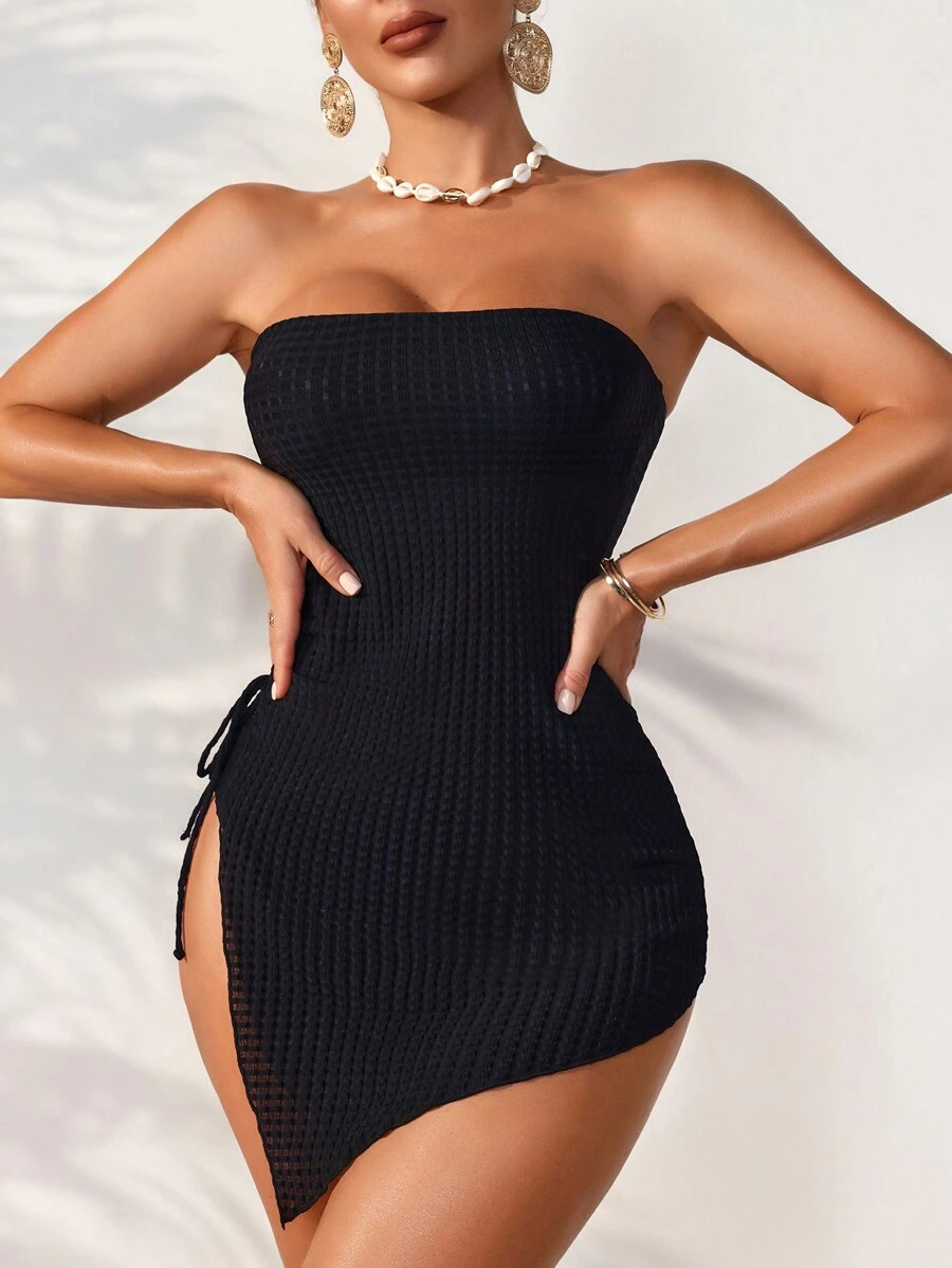 SHEIN Swim Ladies" Solid Color Waffle Grid Drawstring Ruched Split Front Bandeau Swimsuit Summer - Multicolor - View 1