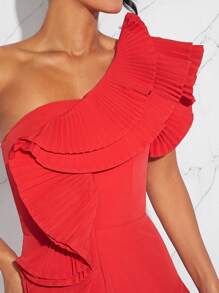 L'Amorae Fall Women Clothes, Red Elegant Exaggerated Ruffle One Shoulder Sleeveless Mini Dress, Formal Dress, Date Night, Concerts, Performances, Music Festivals, Party