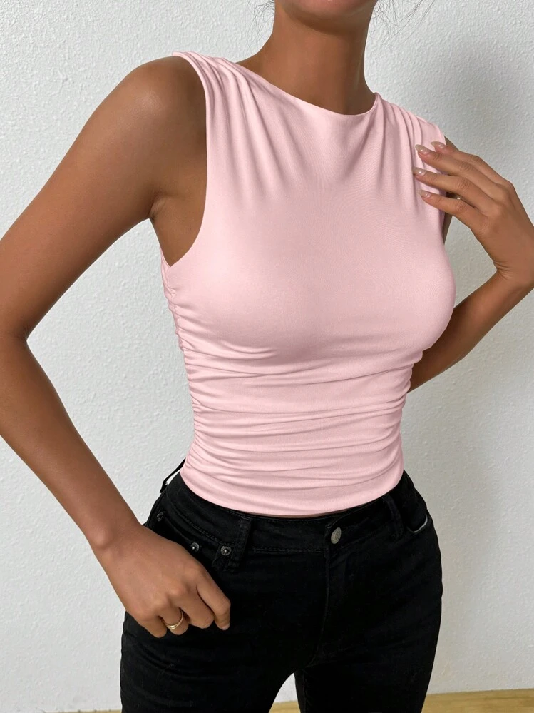 Chiquease Débardeur plissé de couleur unie, ajusté et élégant pour l'été - Rose pâle - Voir 3