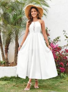 SHEIN Holidaya Vestido Cami de encaje con contraste liso para mujer, para vacaciones de verano - Blanco - Ver 6