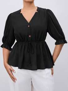 BizChic Camisa A-line Casual De Talla Grande Con Cordón De Botones Frontales Y unicolor - Negro - Ver 6