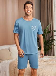 Men Simple Heart Printed Short Sleeve Tee & Shorts Casual Pajamas Set