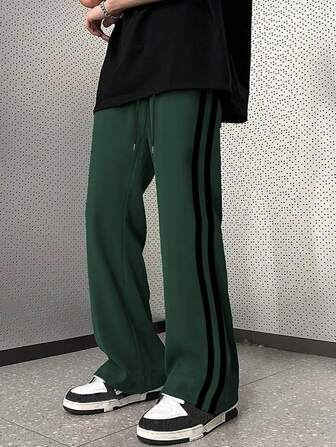 Manfinity Dauomo بنطلون رجالي مستقيم لون متباين مخطط برباط على الخصر للراحة