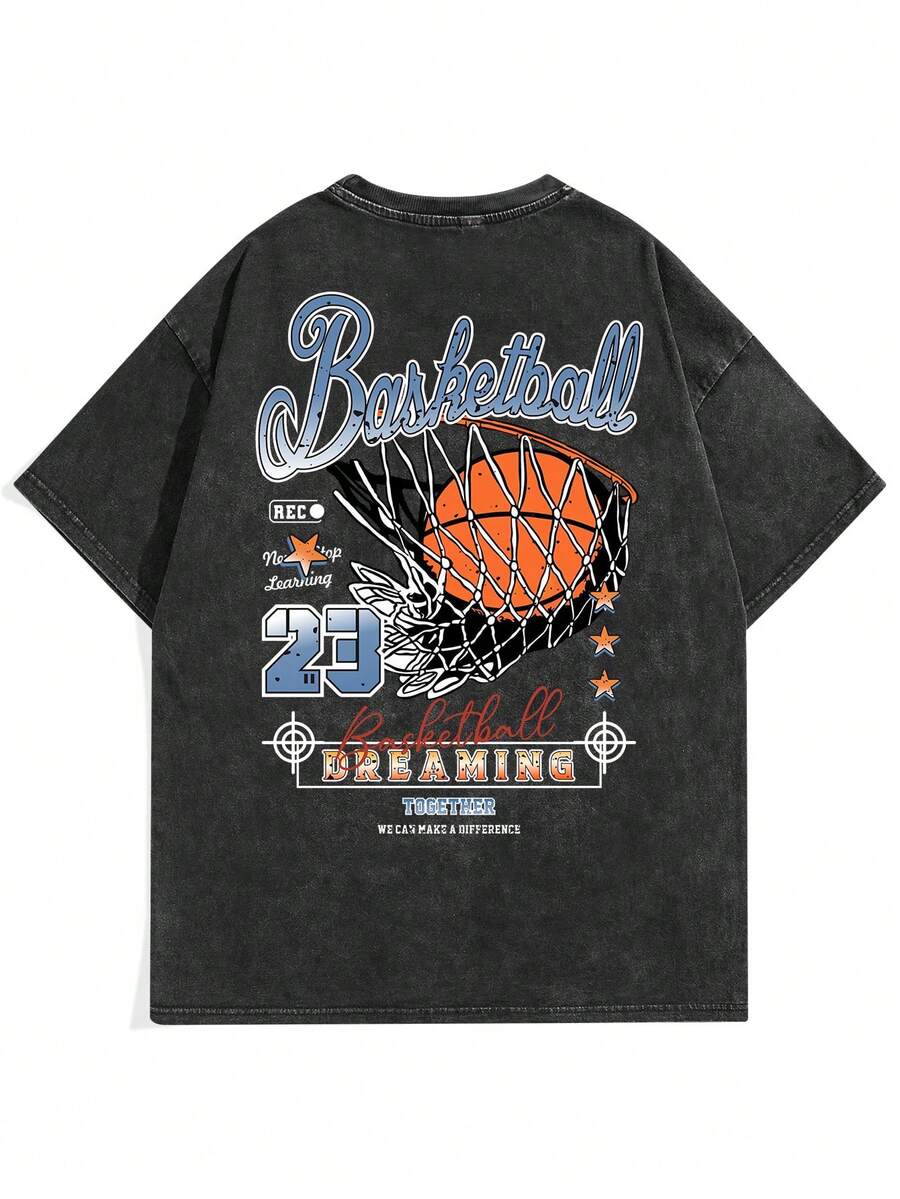 Manfinity EMRG Lỏng lẻo phù hợp Nam Slogan & Bóng rổ In Thả vai Áo thun - màu đen - Xem 1