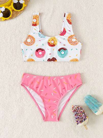 Young Girl Cute Donut Printed Bikini Set Summer Beach Summer Holiday