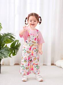 SHEIN Baby Girl Cute Casual Loose Cartoon Pattern Jumpsuit Overalls, Summer Version - White - View 1