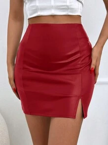 Falda bajo con abertura con cremallera trasera - Rojo - Ver 1