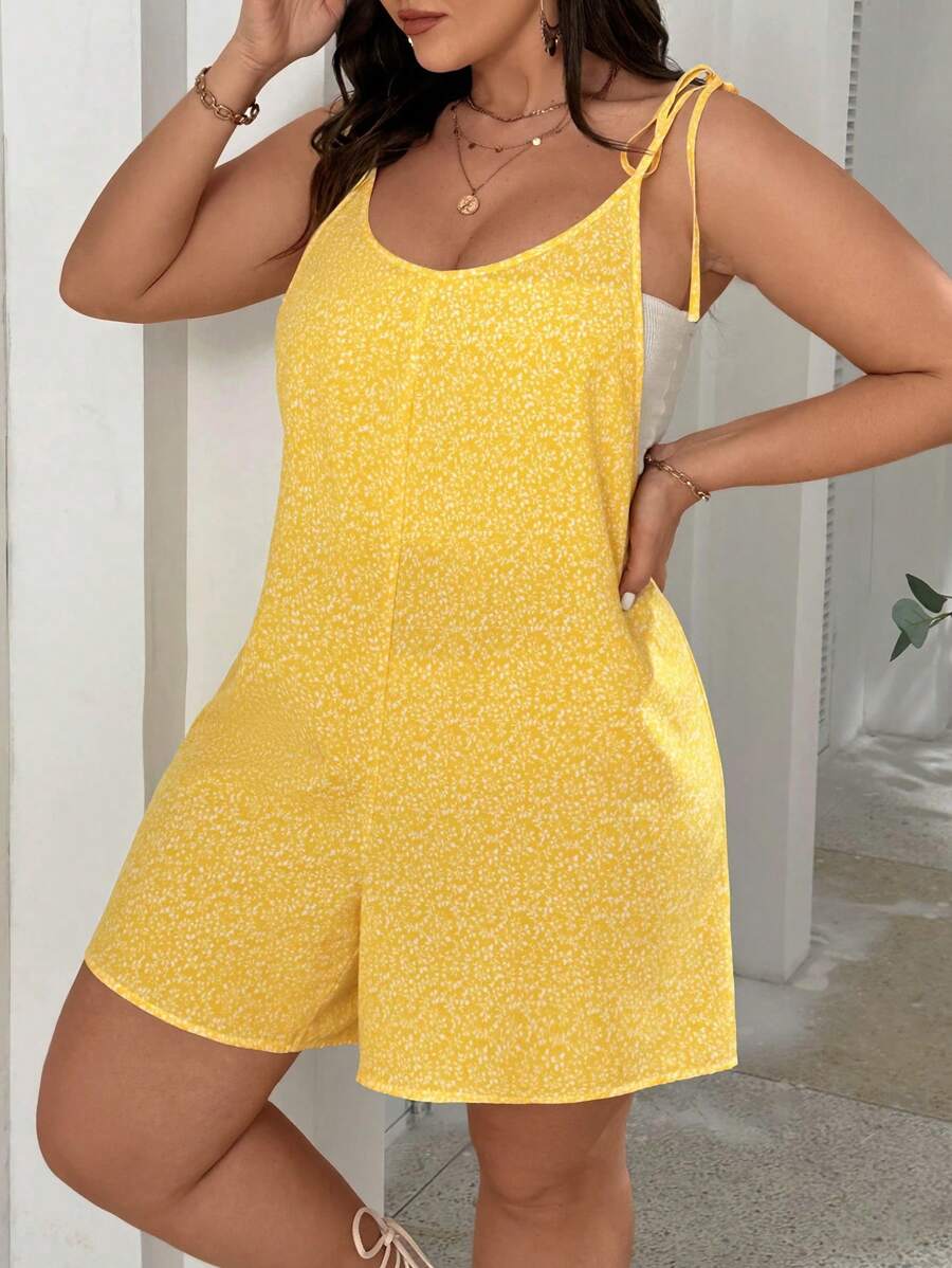 SHEIN VCAY Plus Size Boho Allover Floral Print Tie Shoulder Cami Spring Romper, For Summer