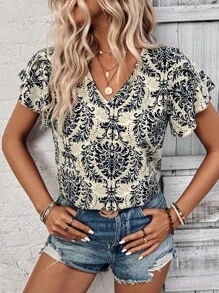SHEIN LUNE In đầy đủ Áo sơ mi mùa hè tay áo cổ chữ V cắt ngẫu nhiên - Nhiều màu - Xem 5