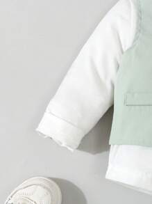 SHEIN 3 件套男婴春秋绅士装，白色领结衬衫 + 背心 + 长裤正式西装套装，时尚奢华，适合生日派对、晚会、婚礼、洗礼、1 岁生日 - 綠色 - 查看 6