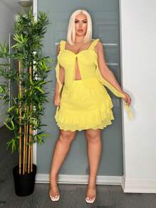 SHEIN SXY 大码性感浪漫度假风格吊带背心和松紧腰裙 - 黃色 - 查看 3