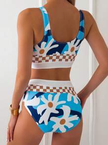 SHEIN Swim 女士夏季海灘簡約花卉印花度假比基尼套裝 - 彩色 - 查看 2