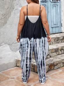 SHEIN LUNE Mono de punto floral con escote en V, bolsillos inclinados y correas en talla grande con estampado de teñido anudado