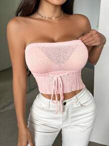 SHEIN Privé 女用優雅粉紅抹胸,有緊繫帶,適合夏季日常穿著、度假、海灘或派對 - 粉色 - 查看 5