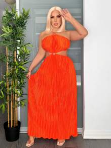 SHEIN SXY Plus Size Pleated Toothpick Holiday Sexy Dress - Orange - View 5