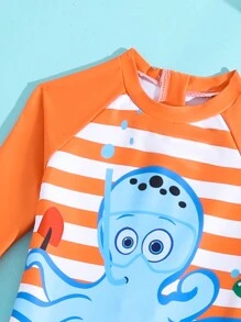 Baby Boy Cartoon Octopus Print Striped Rash Guard Long Sleeve One-Piece Swimwear With Shorts For Vacation - Burnt Orange - View 5