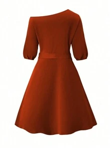 SHEIN Clasi Plus Size Asymmetrical Collar Hidden Pocket Dress - Orange - View 2