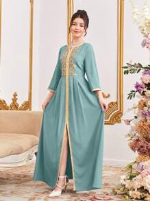 SHEIN Teen Girl Woven Solid Color Patchwork Gold Thread Woven Belt Long Casual Dress - Cadet Blue - View 5