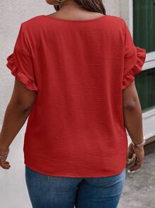 Weeklong Plus Size Summer Solid Color Ruffle Edge Cap Sleeve Blouse For New Year Clothes - Red - View 2