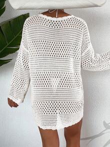 SHEIN Summer Beach Pregnant Women Solid Color Hollow Out Simple Cover Up - White - View 2