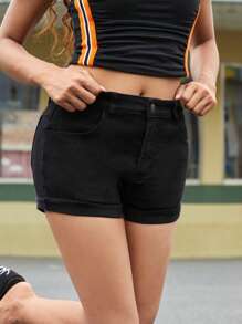 SHEIN Shorts de mezclilla lavados con agua de alta elasticidad para adolescente, informales y elegantes