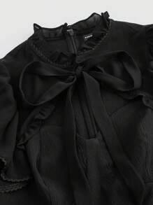 SHEIN MOD Black Puff Sleeve Palace Collar Front Tie Asymmetric Material Splicing Long Swing Dress - Black - View 3