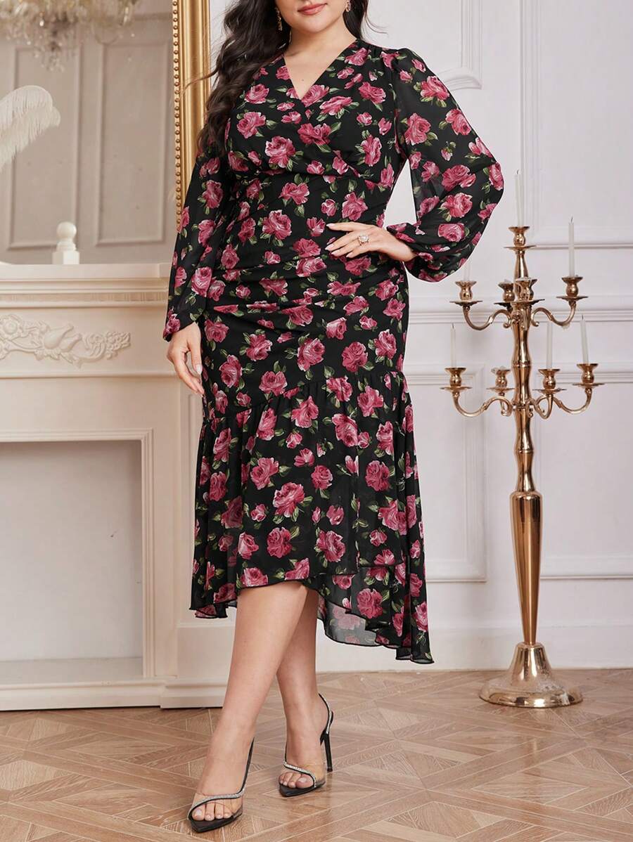 Modelyn Plus Size In hoa cổ chữ V Đầm thanh lịch - Nhiều màu - Xem 1